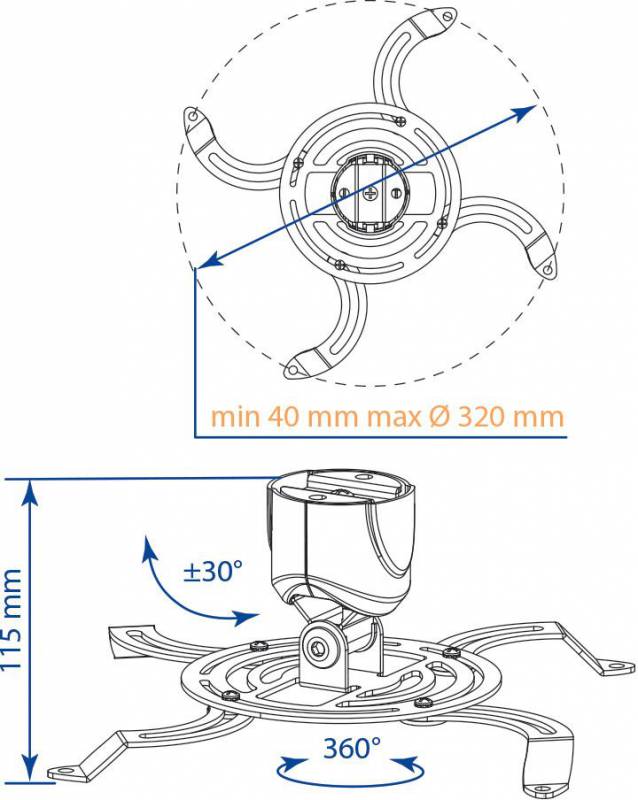 Кронштейн для проектора Kromax PROJECTOR-40 черный макс.15кг потолочный поворот и наклон