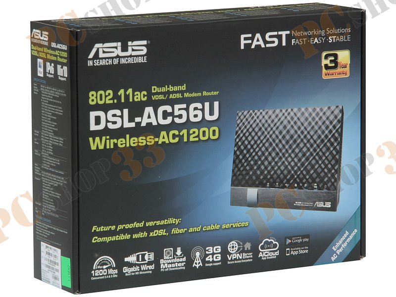 Модем DSL ASUS DSL-AC56U Annex A/B/I/J/L/M VDSL2/ADSL2/2+ + маршрутизатор 4 порта 1Гбит/сек. + точка доступа WiFi 867Мбит/сек. (LAN, WiFi)