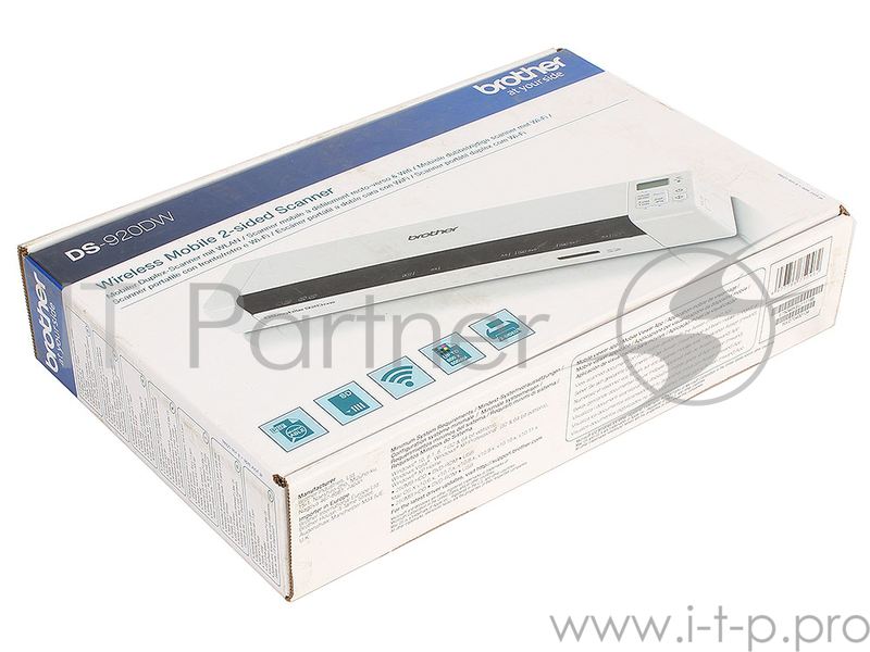 Мобильный сканер Brother DS-920DW, A4, 7,5 стр/мин, 600 dpi, двухстороннее сканирование, WiFi, USB,