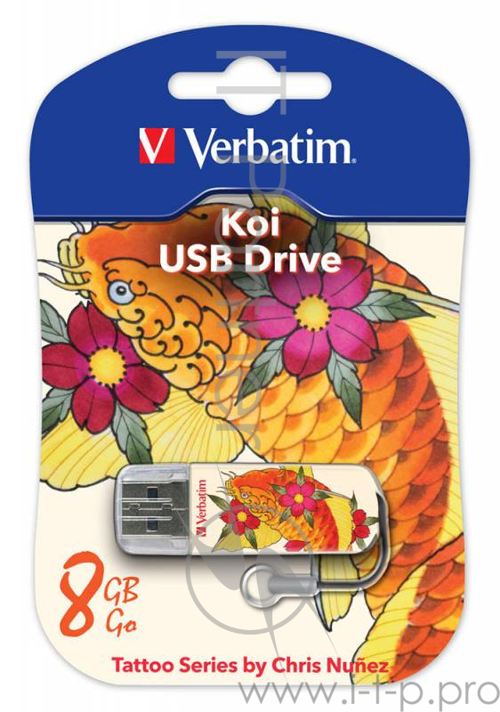 Флеш Диск 8GB VERBATIM Store n Go Mini Tattoo Koi белый/узор, 49882, USB 2.0