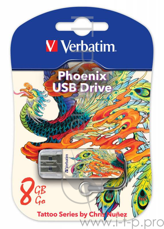 Флеш Диск 8GB VERBATIM Store n Go Mini Tattoo Phoenix белый/рисунок, 49883, USB 2.0
