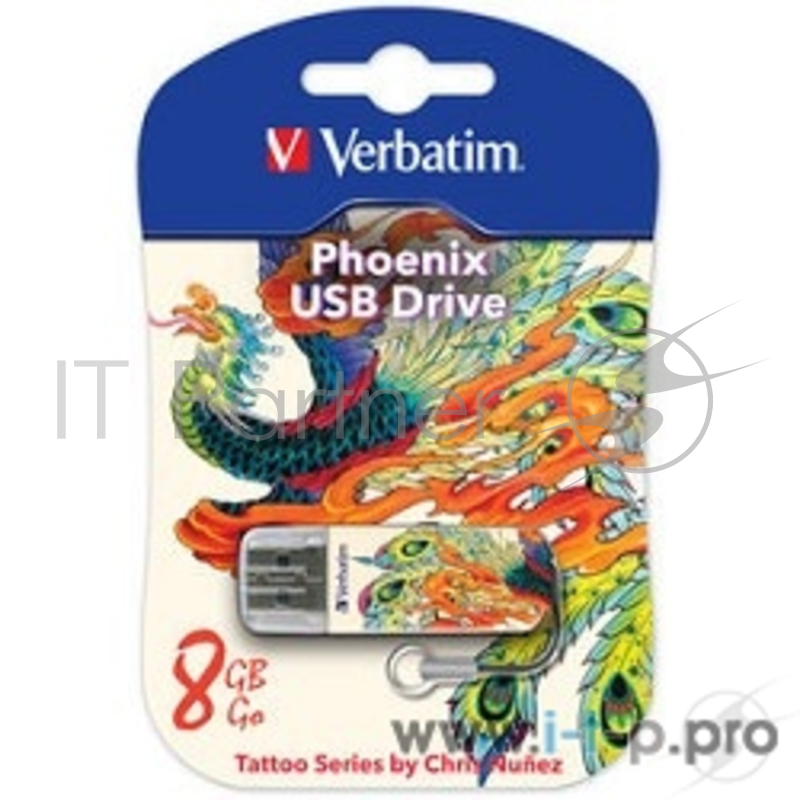 Флеш Диск 8GB VERBATIM Store n Go Mini Tattoo Phoenix белый/рисунок, 49883, USB 2.0