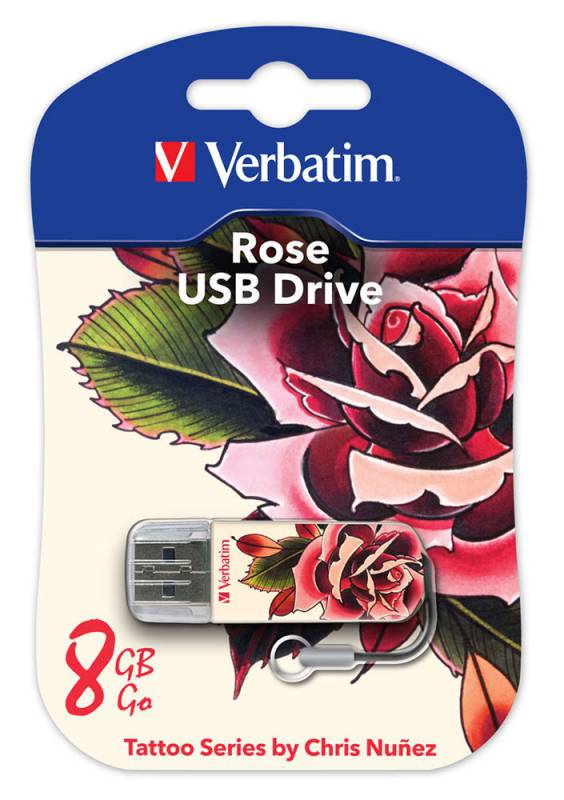 Флеш Диск 8GB VERBATIM Store n Go Mini Tattoo Rose белый/узор, 49881, USB 2.0