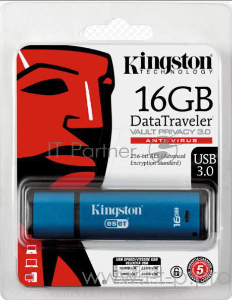 Флеш Диск Kingston 16Gb DataTraveler Vault Privacy 3.0 with ESET AV - TAA compliant, DTVP30AV/16GB