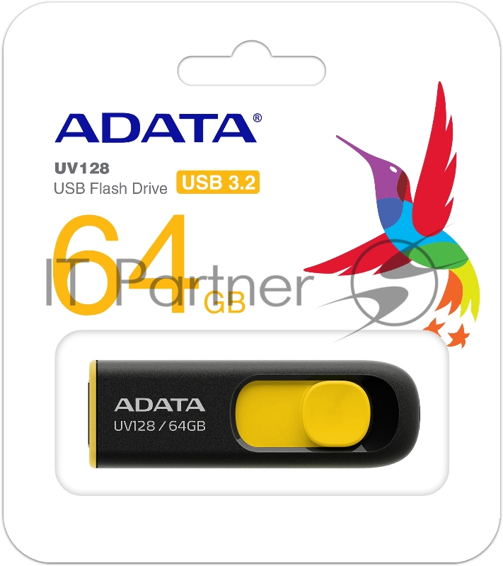 Флеш Диск 64GB A-DATA UV128, USB 3.0, черный/желтый