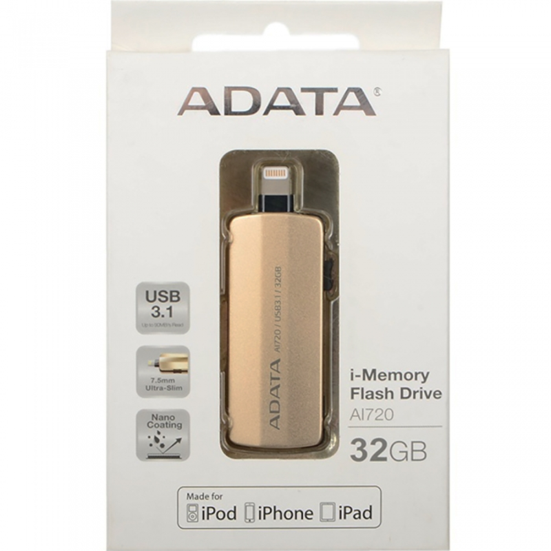 Флеш Диск 32GB A-DATA i-Memory AI720, USB 3.1/Lightning, Gold