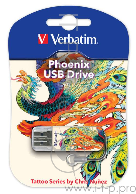 Флеш Диск 16GB VERBATIM Store n Go Mini Tattoo Edition Phoenix белый/рисунок, 49887, USB 2.0