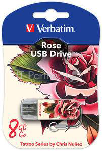 Флеш Диск 16GB VERBATIM Mini Tattoo Rose белый/рисунок, 49885, USB 2.0