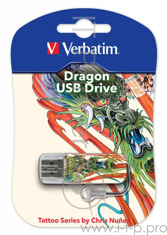 Флеш Диск 16GB VERBATIM Mini Tattoo Dragon белый/рисунок, 49888, USB 2.0