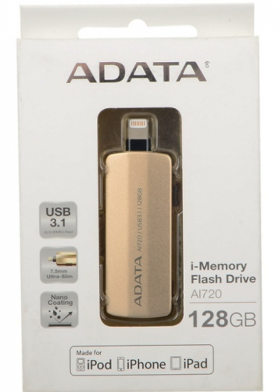 Флеш Диск 128GB A-DATA i-Memory AI720, USB 3.1/Lightning, Gold
