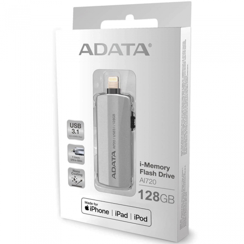 Флеш Диск 128GB A-DATA i-Memory AI720, USB 3.1/Lightning, Space Gray