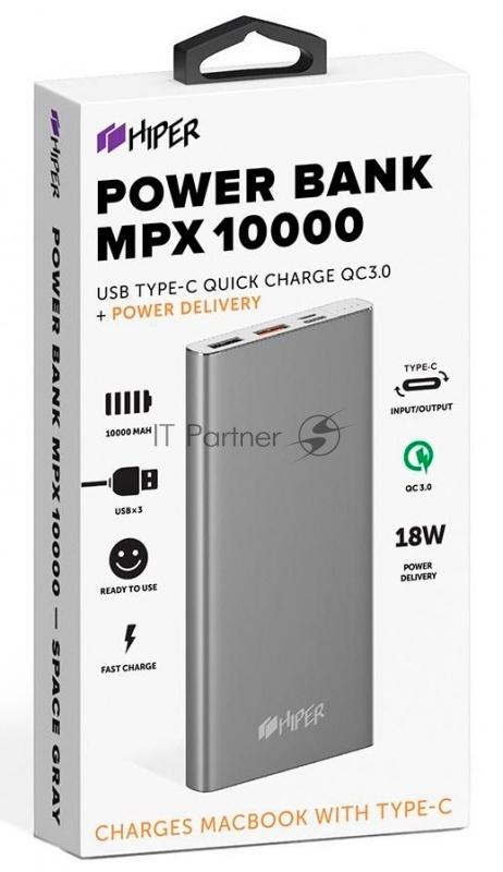 Мобильный аккумулятор Hiper MPX10000 Li-Pol 10000mAh 3A+3A+1A серый 2xUSB