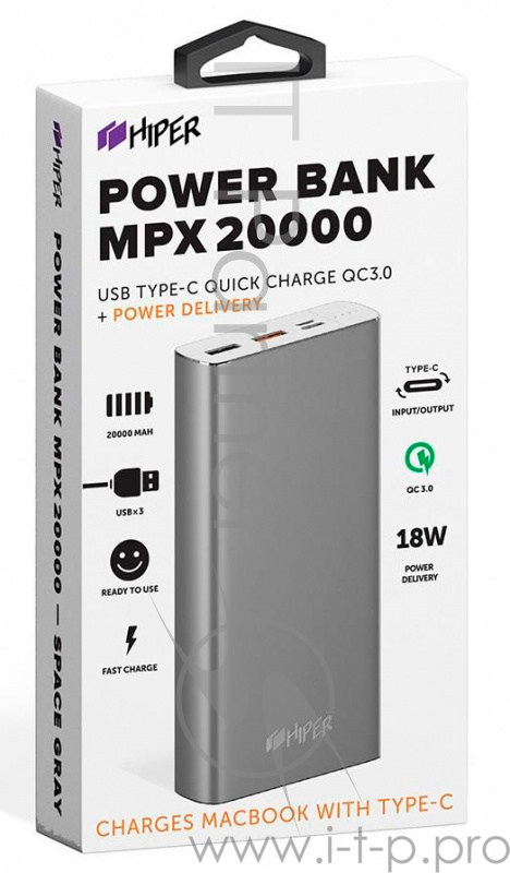 Мобильный аккумулятор Hiper MPX20000 Li-Pol 20000mAh 3A+3A+2.4A серый 2xUSB