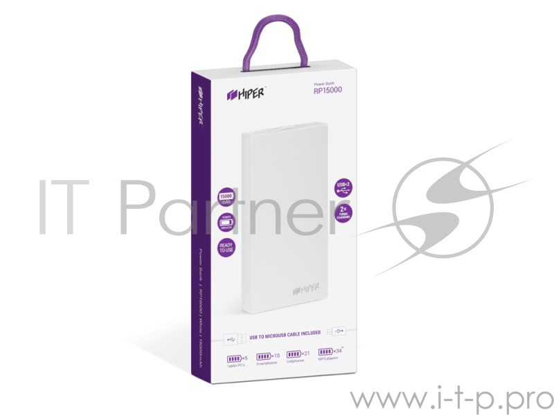 Мобильный аккумулятор Hiper RP15000 Li-Ion 15000mAh 2.1A+1A белый 2xUSB