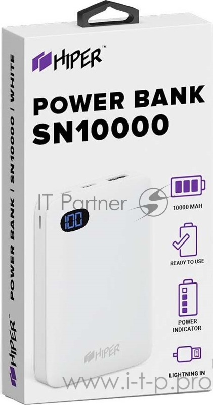 Мобильный аккумулятор Hiper SN10000 Li-Pol 10000mAh 2.4A белый 1xUSB