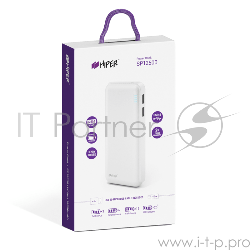 Мобильный аккумулятор Hiper SP12500 Li-Ion 12500mAh 2.1A+1A белый 2xUSB