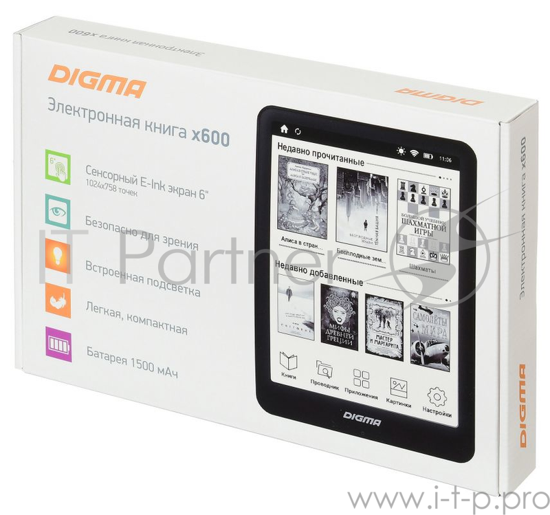 Электронная книга Digma X600 6 E-ink HD 1024x758 Touch Screen 1Ghz/8Gb/подсветка дисплея черный