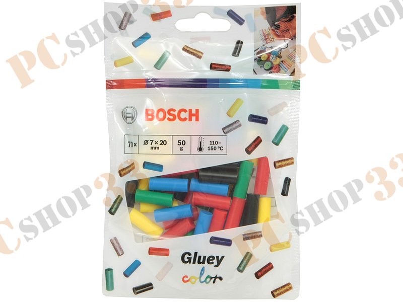 Аксессуар к кл. пистолету - клеевые стержни Bosch Gluey 2608002005, 7x20мм, разноцветные (70шт./уп.)