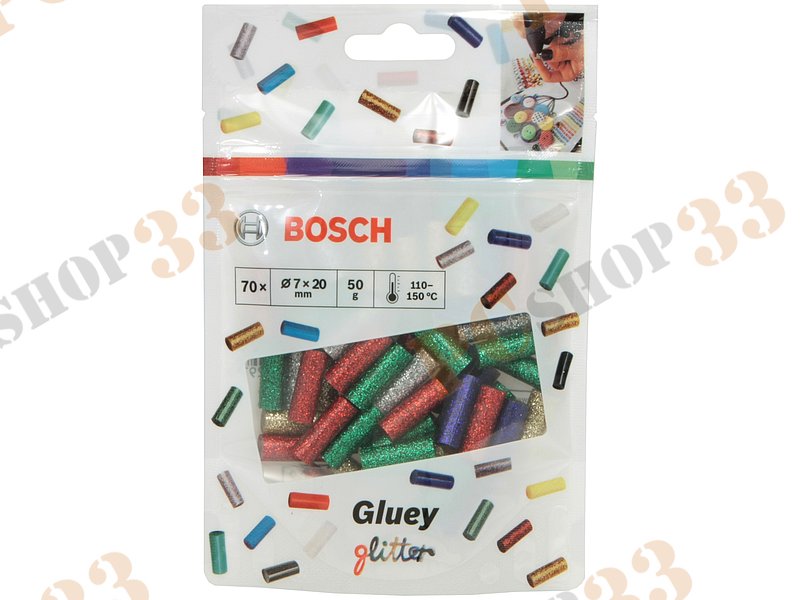 Аксессуар к кл. пистолету - клеевые стержни Bosch Gluey 2608002006, 7x20мм, разноцветные, с блестками (70шт./уп.)