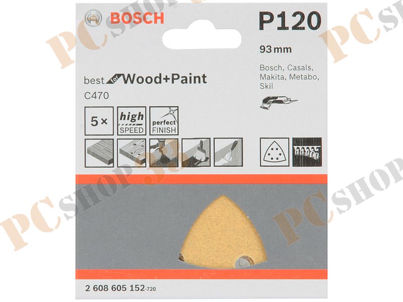 Аксессуар к шлифовальной машине шлифлист Bosch 2608605152, для дельташлифмашин, 93мм, зерно 120 (5шт./уп.)