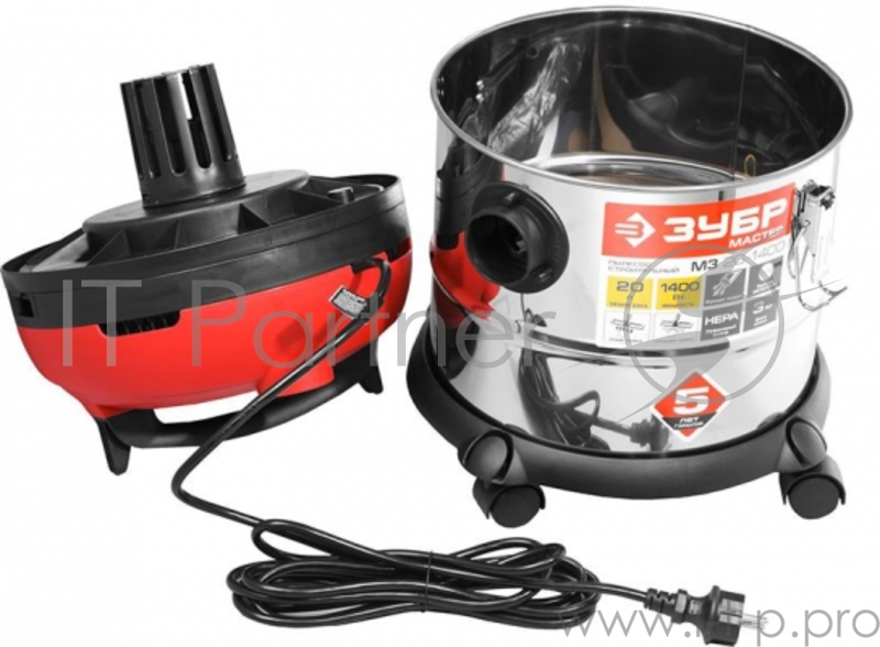 Электроинструменты ЗУБР Пылесос строительный ПУ-20-1400 М3 { модель М3-20, 20 л, 1400 Вт, сухая и влажная уборка, корпус из нержавеющей стали, розетка до 2000Вт }