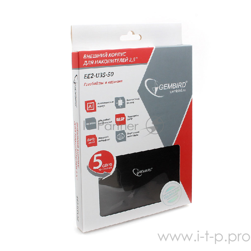 Контейнер для HDD Gembird EE2-U3S-50 Внешний корпус 2.5 чёрный, USB 3.0, SATA, до 2 Тб, алюминий