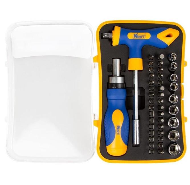Ручной инструмент KRAFT Набор: Т-образная реверсивеая отверка с насадками-битами и торцевыми головками 43 предметов KT 701042