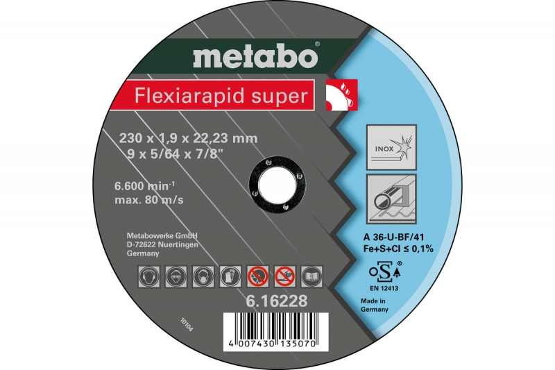 Диски отрезные, пильные, шлифовальные Metabo Круг отр нерж Flexiarapid S 230x1,9 прям А 36 U 616228000
