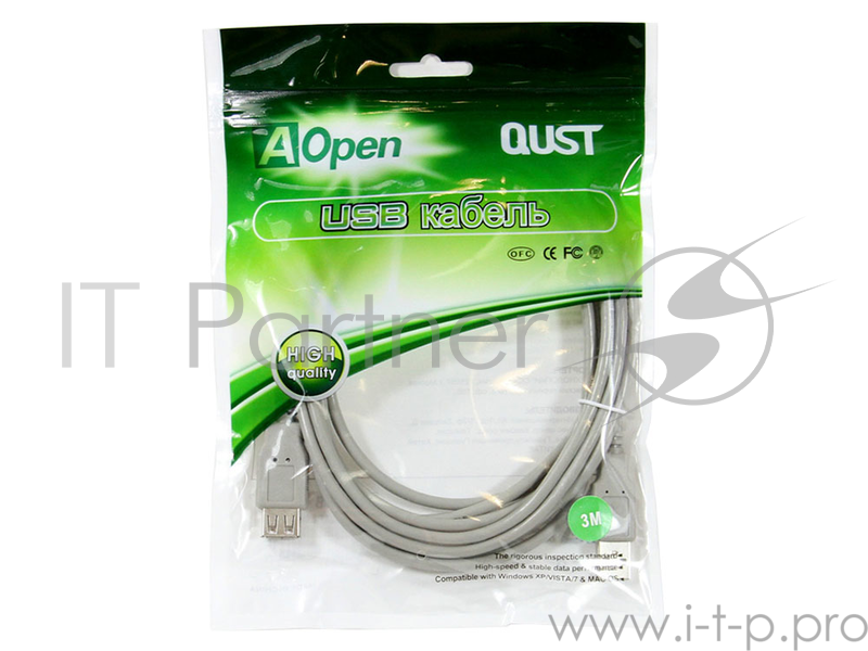 Кабель удлинительный Aopen/Qust USB2.0 AM/AF 3m серый (ACU202-3G)