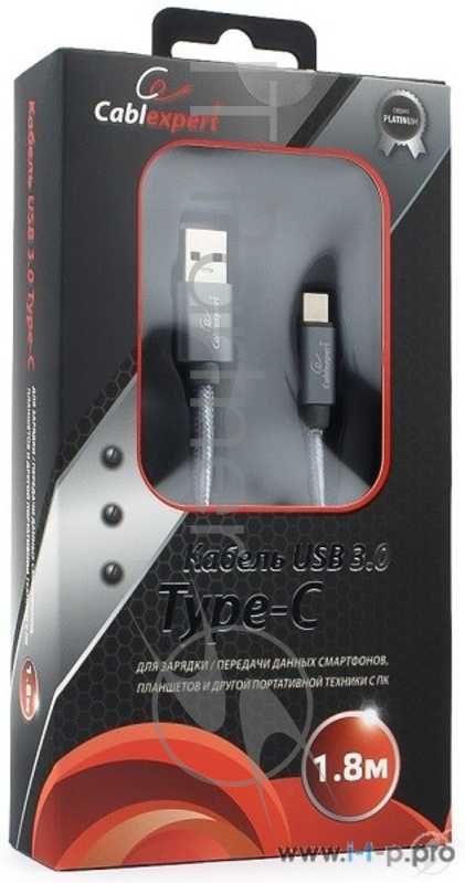 Кабель USB 3.0 Cablexpert, AM/Type-C, серия Platinum, длина 1.8м, титан, блистер