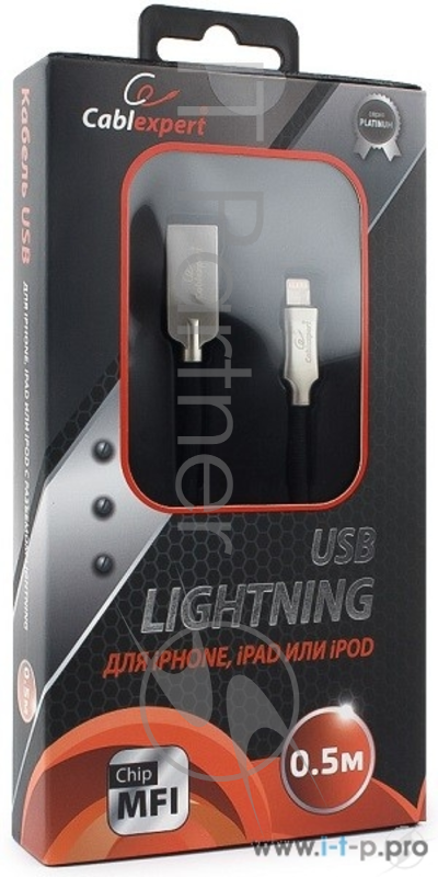 Кабель USB Cablexpert для Apple, AM/Lightning, серия Platinum, длина 0.5м, черный, блистер