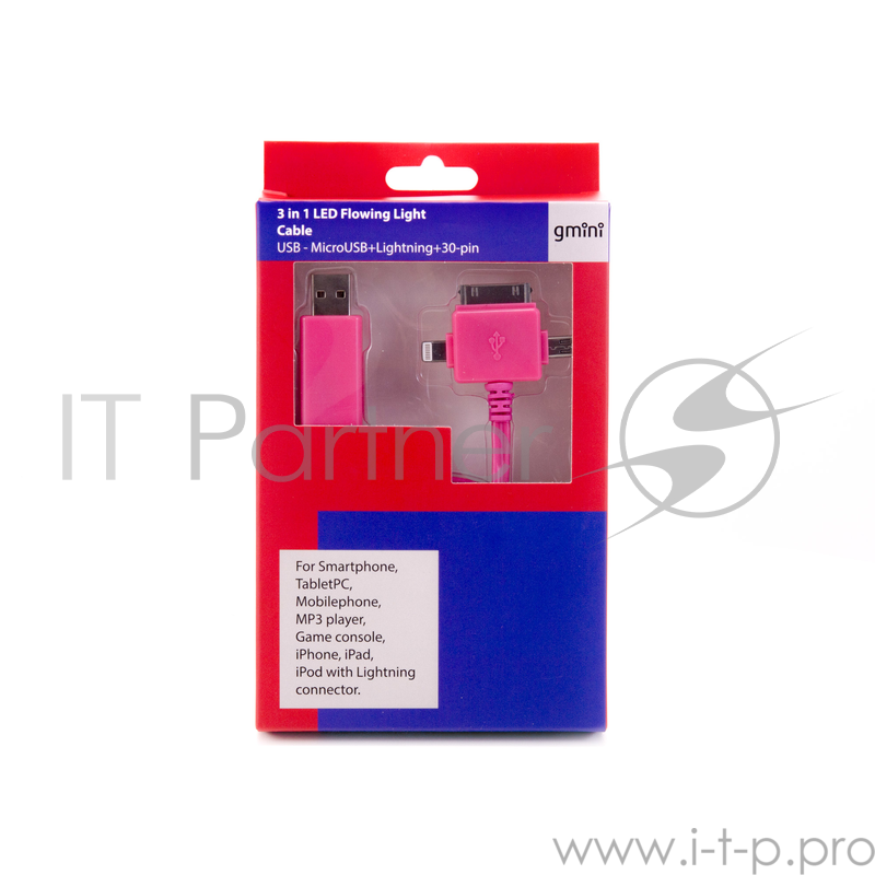 Кабель Gmini GM-MEL400FLBP, светящийся 3 в 1, 1м, чёрный кабель + розовая подсветка