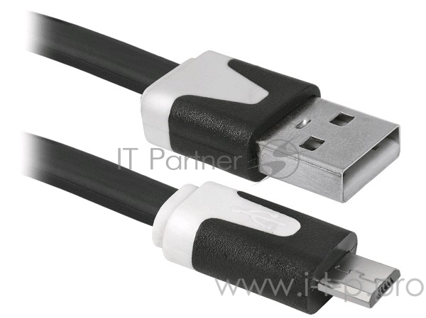 Кабель Defender USB08-03P USB2.0 AM-MicroBM, плоский, чёрный, 1.0м