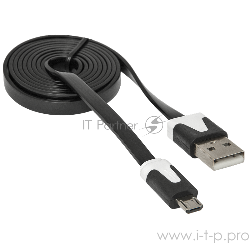 Кабель Defender USB08-03P USB2.0 AM-MicroBM, плоский, чёрный, 1.0м