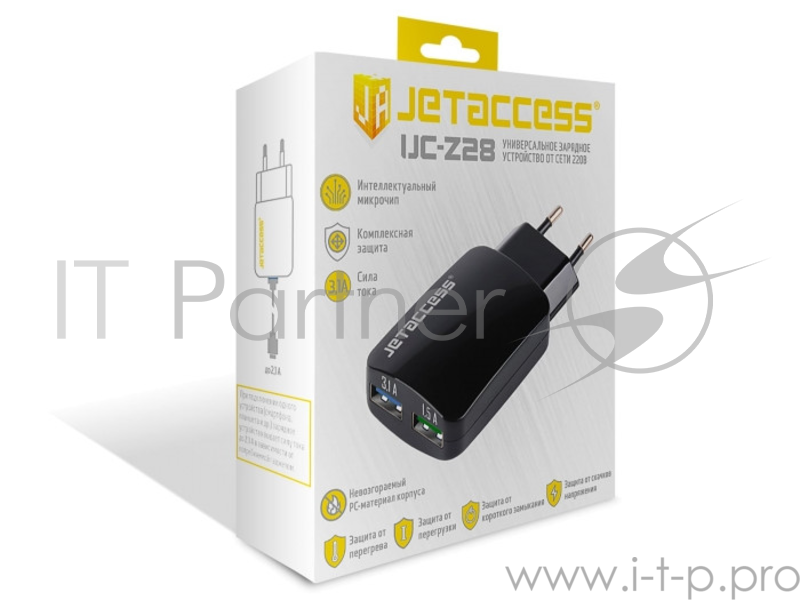 Универсальное зарядное устройство Jet.A UC-Z28 от сети 220В (2USB, чип управления, 3.1А), чёрное