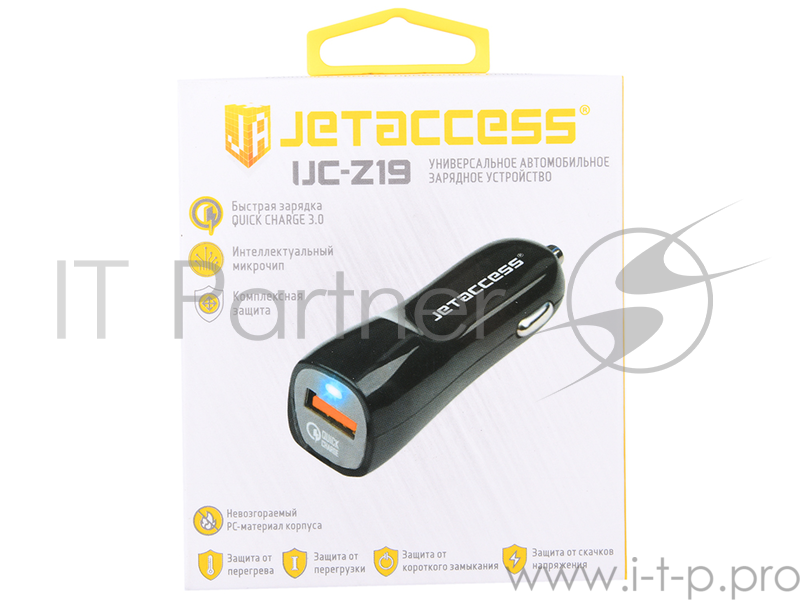 Универсальное зарядное устройство Jet.A UC-Z19 от авто 12В-24В (QC3.0, 1USB, 3.0А), чёрное
