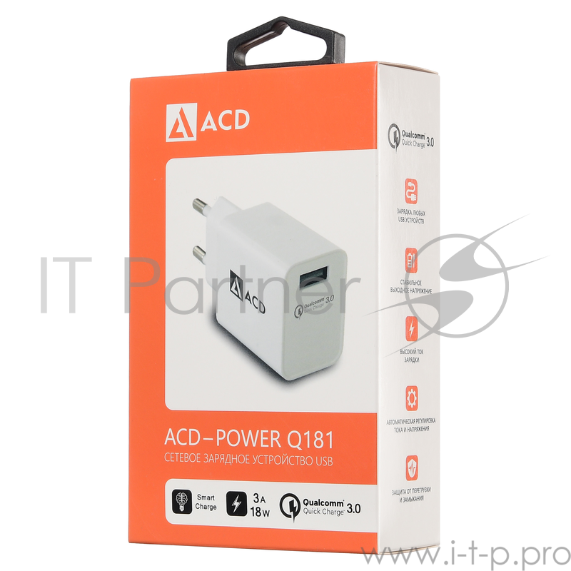 Зарядное устройство СЗУ (ACD-Q181-X3W) 18Вт, 1xUSB с QC, 3.6~12В, 3А RTL {120}