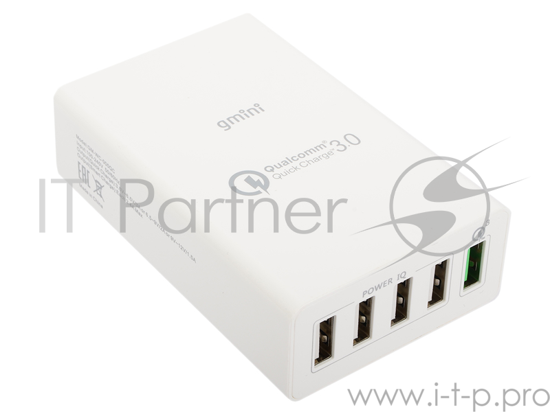 Зарядное устроиство USB от сети питания 220В Gmini GM-WC-005QC, с 4 USB портами Smart Charge и 1 USB