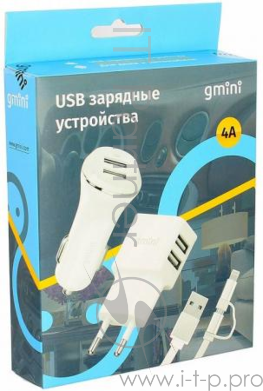 Зарядное устроиство USB комплект от сети и в авто Gmini GM-MC-001-2USB, c кабелем USB на микро USB и