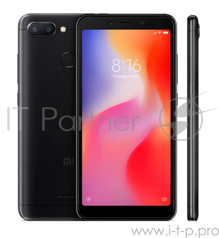 Смартфон Xiaomi Redmi 6 Black (M1804C3DG), 5.45'' 18:9 1440x720, 2.0GHz, 8 Core, 3GB RAM, 64GB, up to 256GB flash, 12Mpix+5Mpix/5Mpix, 2 Sim, 2G, 3G, LTE, BT v4.2, Wi-Fi, GPS, Glonass, 3000mAh, 146g, 147.5x71.5x8.3