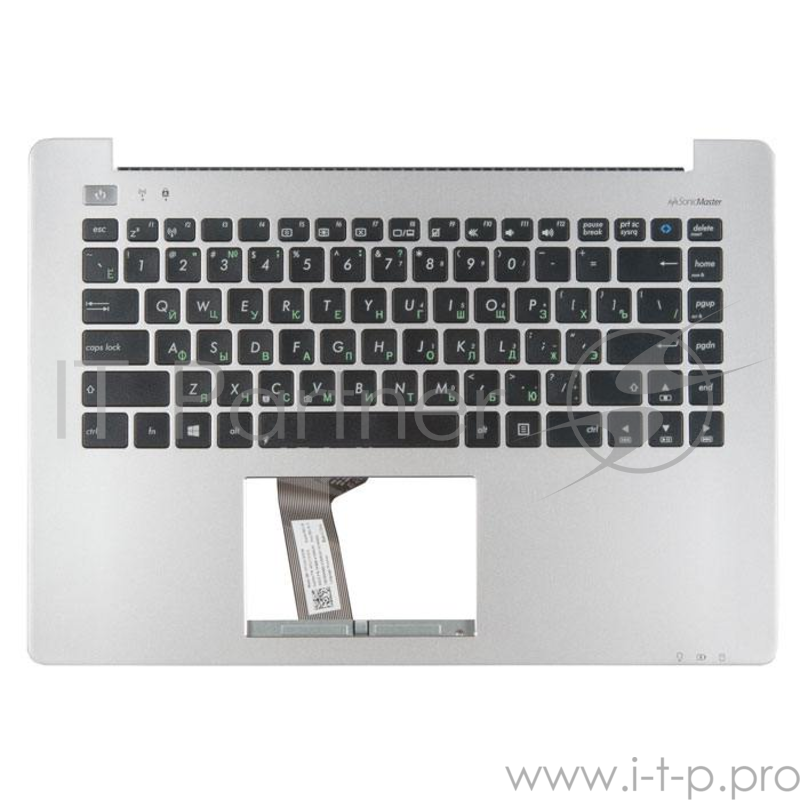 клавиатура для ноутбука Asus S451LA-1A с топкейсом, серебристая панель, черные кнопки