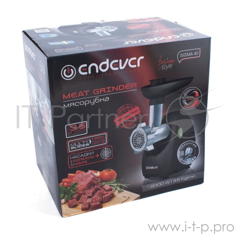 Мясорубка ENDEVER SIGMA 40 черный Номинальная мощность: 800 Вт, Максимальная мощность при блокировке мотора: 2000 Вт, Производительность: до 3.5 кг/мин, Габаритные размеры: 22*22*34 cм Вес нетто: 2.5 кг, Цвет: черный