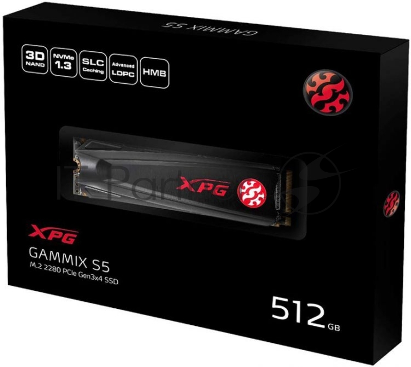Накопитель SSD M.2 ADATA 512Gb XPG S5 <AGAMMIXS5-512GT-C> (PCI-E 3.0 x4, up to 2100/1400Mbs, 250000 IOPs, 3D TLC, NVMe 1.3, 22x80mm, радиатор)