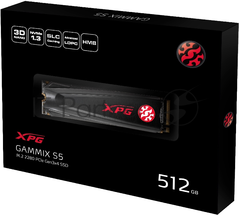 Накопитель SSD M.2 ADATA 512Gb XPG S5 <AGAMMIXS5-512GT-C> (PCI-E 3.0 x4, up to 2100/1400Mbs, 250000 IOPs, 3D TLC, NVMe 1.3, 22x80mm, радиатор)