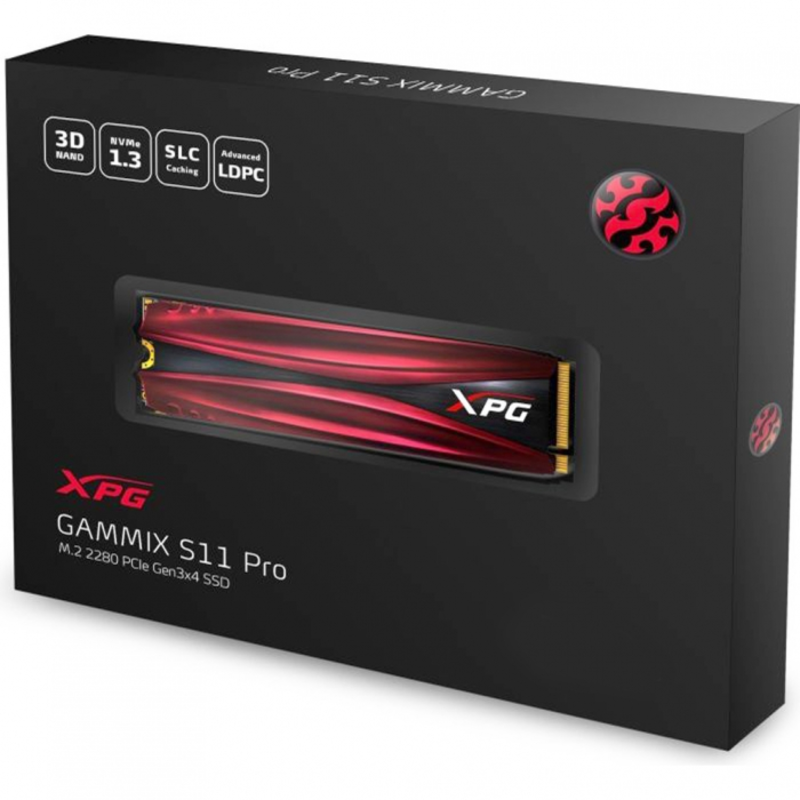 Накопитель SSD M.2 ADATA 512Gb XPG S11 Pro <AGAMMIXS11P-512GT-C> (PCI-E 3.0 x4, up to 3500/2300Mbs, 390000 IOPs, 3D TLC, NVMe 1.3, 22x80mm, радиатор)