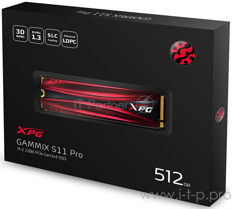 Накопитель SSD M.2 ADATA 512Gb XPG S11 Pro <AGAMMIXS11P-512GT-C> (PCI-E 3.0 x4, up to 3500/2300Mbs, 390000 IOPs, 3D TLC, NVMe 1.3, 22x80mm, радиатор)