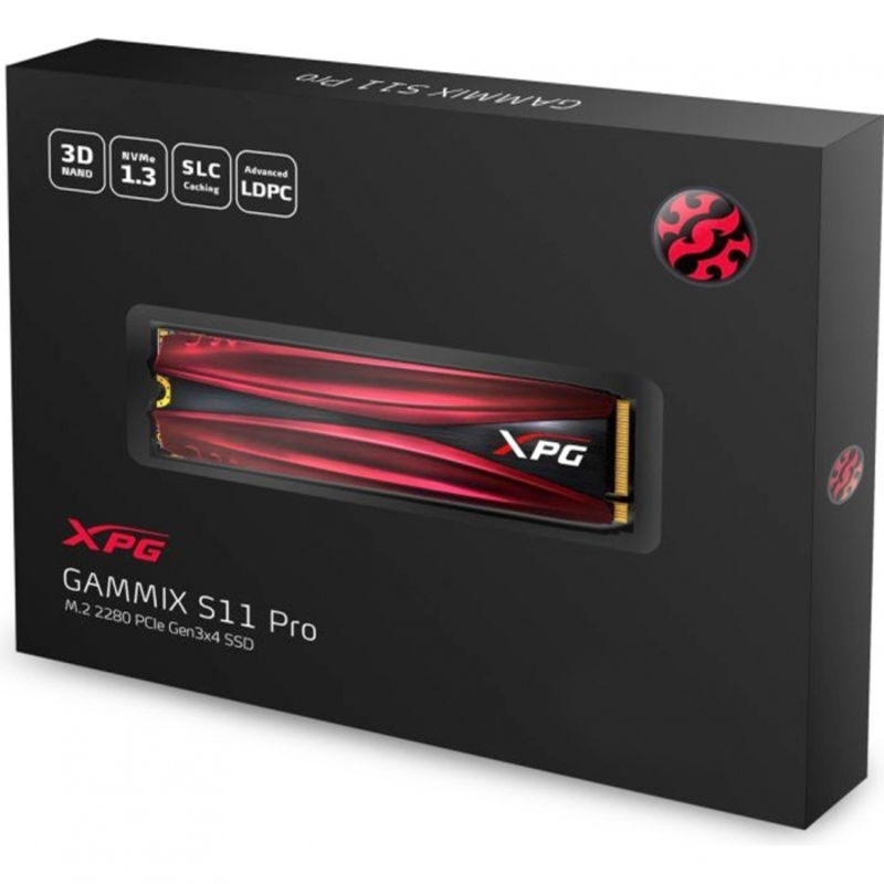 Накопитель SSD M.2 ADATA 1.0Tb XPG S11 Pro <AGAMMIXS11P-1TT-C> (PCI-E 3.0 x4, up to 3500/3000Mbs, 390000 IOPs, 3D TLC, NVMe 1.3, 22x80mm, радиатор)
