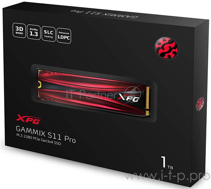 Накопитель SSD M.2 ADATA 1.0Tb XPG S11 Pro <AGAMMIXS11P-1TT-C> (PCI-E 3.0 x4, up to 3500/3000Mbs, 390000 IOPs, 3D TLC, NVMe 1.3, 22x80mm, радиатор)