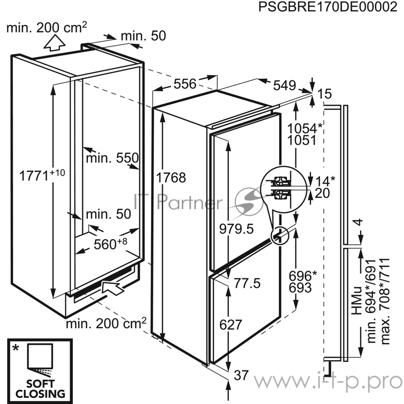 Встраиваемый холодильник ELECTROLUX ENC2854AOW / 177x56x55, объем камер 255+63, No Frost, морозильная камера снизу