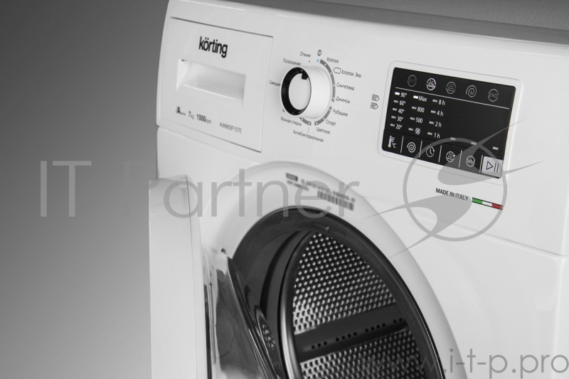 Полноразмерные стиральные машины Korting 850х595х550, фронтальная загрузка, 7 кг, 1000 об/мин, сенсорное управление, LED индикация настроек и этапов выполнения программ, 15 программ стирки, отложенный старт, А+++, белая